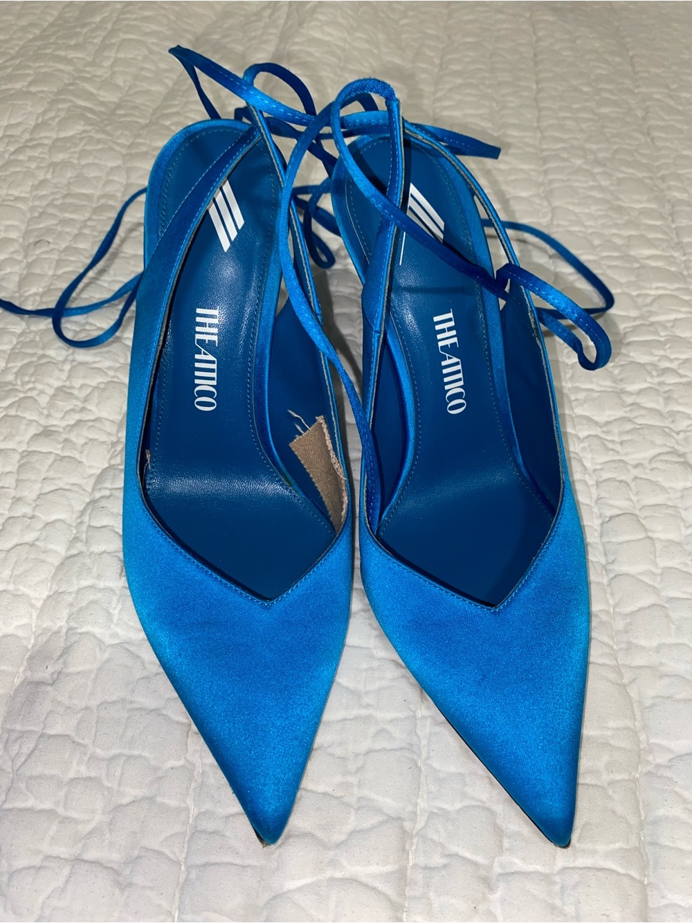 The Attico Venus Slingback Electric Blue Satin Pointed Lace-Up Heels SZ 38
